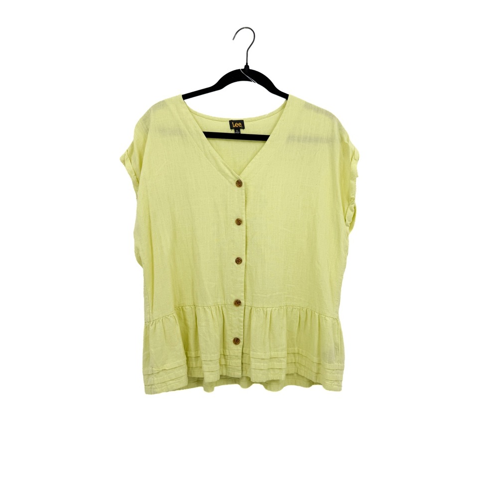 Lee Button Down Top Women XL Yellow Peplum Blouse Short Sleeve V-Neck Linen Mix